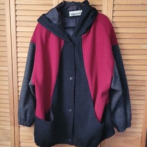Leslie Fay Wool Blend Colorblock Hooded Coat Jacket Women’s 3XL Vintage Oversize
